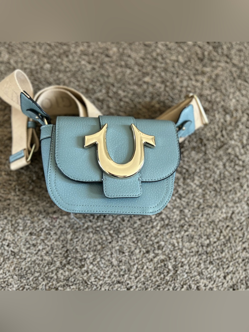 True Religion Small Saddle Crossbody in Powder Blue with Gold Hardware